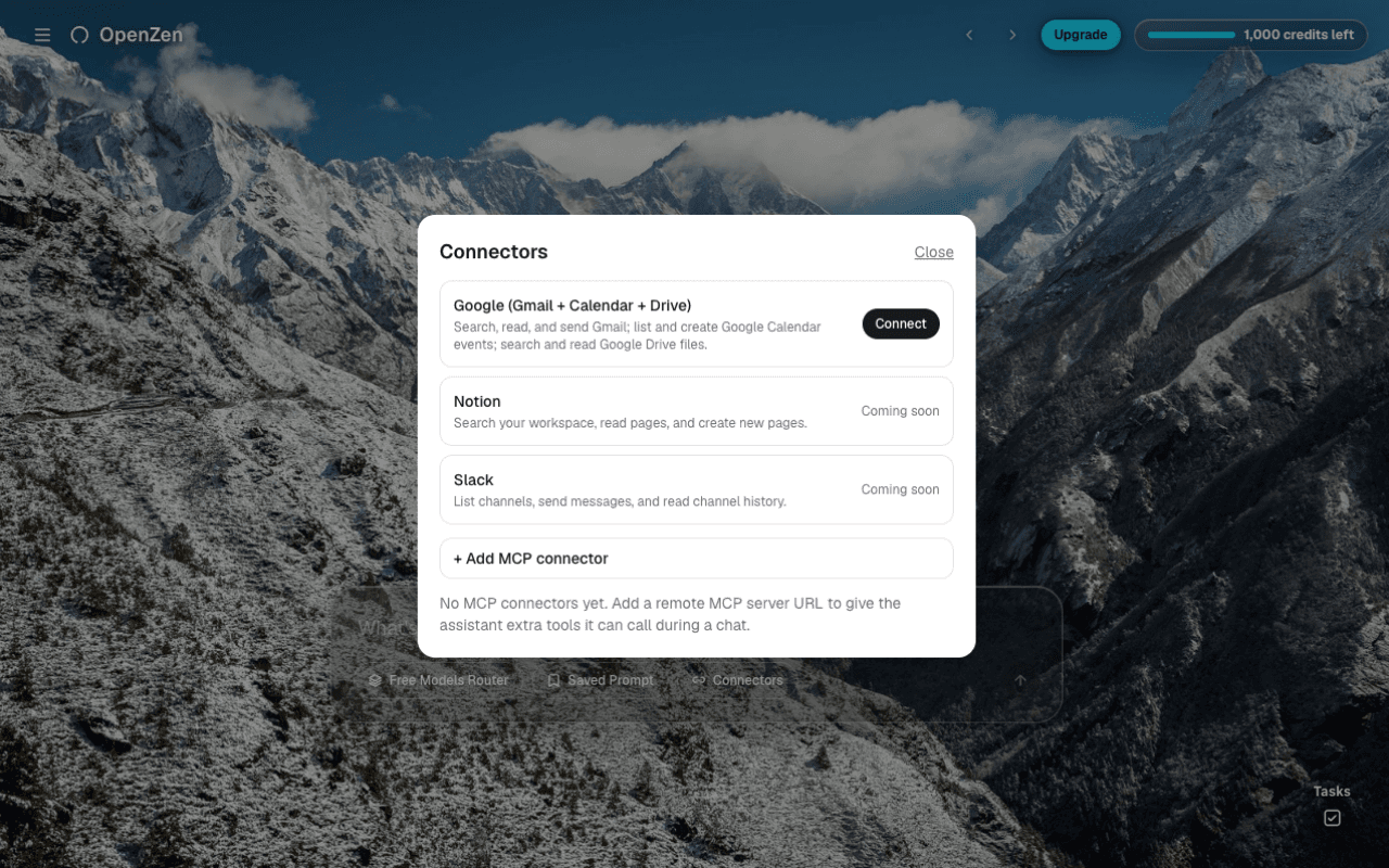 OpenZen's Connectors settings, with Google connected and Slack/Notion coming soon