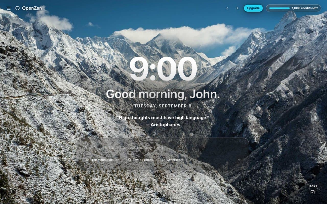 OpenZen's home screen: today's date, a focus quote, the chat composer, and a to-do list