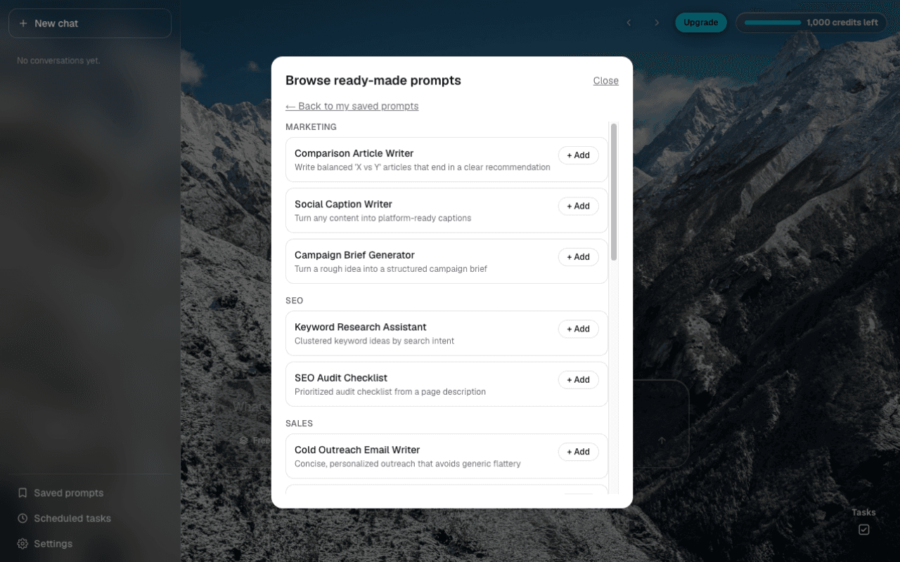 OpenZen's Browse ready-made prompts gallery, grouped by category with one-click add