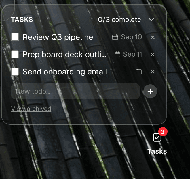 OpenZen's to-do list, showing three tasks ranked by due date